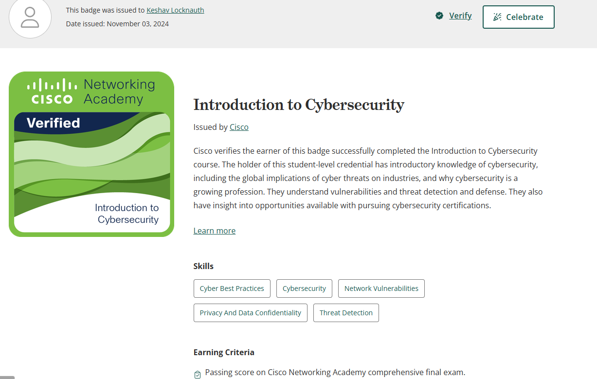 Cisco Networking Academy Introduction to Cybersecurity badge